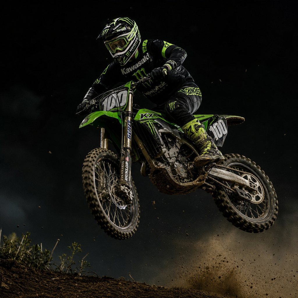 Kawasaki KX motocross rider jumping mid-air off a dirt ramp